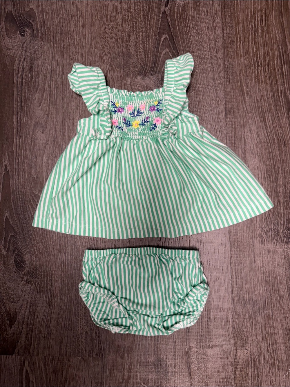 Carter's Mint Green Striped Dress with Floral Smocking & Matching Bloomers